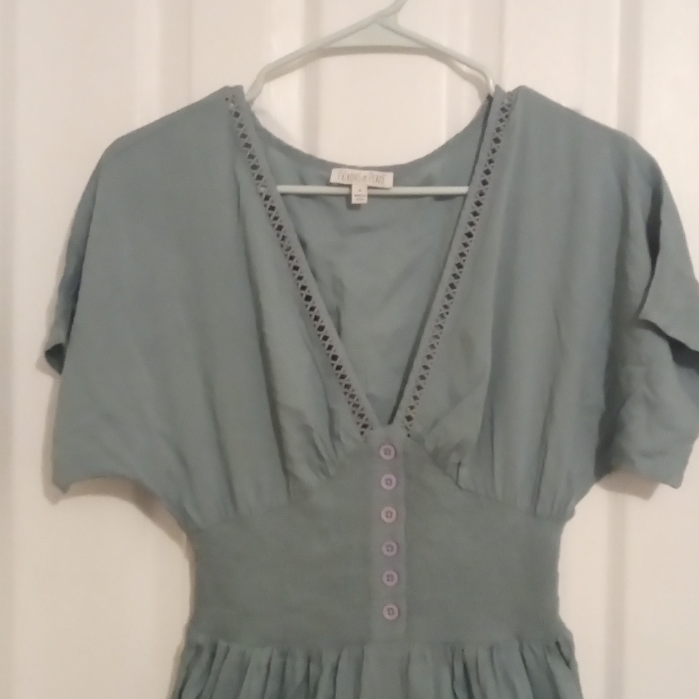 Patrons of Peace Slate Blue Button Front Smocked Jumpsuit Romper Womens Small